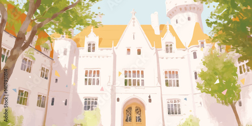 A fairytale castle, bathed in sunlight, stands majestically amongst lush green trees. Its orange roof and white walls create a charming and picturesque scene.