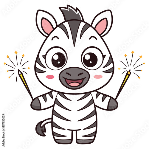 Cheerful Cartoon Zebra Character Holds Sparklers on Transparent Background