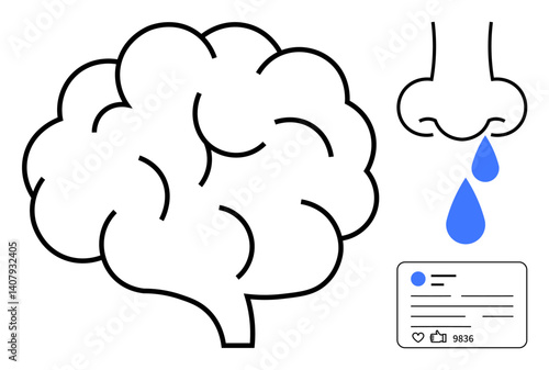 Outlined brain, dripping nose, and social post elements promote mental health, allergies, and public engagement. Ideal for health awareness, neurosciences, education, allergies awareness campaigns