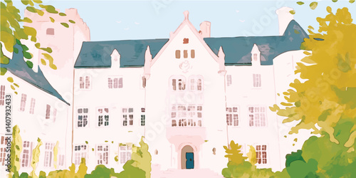 A picturesque watercolor illustration of a majestic castle with intricate details and tall towers, surrounded by lush greenery, conjures a sense of fairytale charm and timeless elegance. 