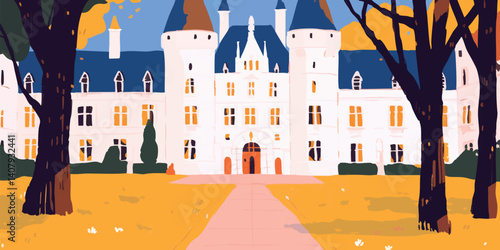A grand white chateau with intricate details and a towering roof stands proudly against a backdrop of vibrant foliage, transporting viewers to a realm of elegance and majesty.