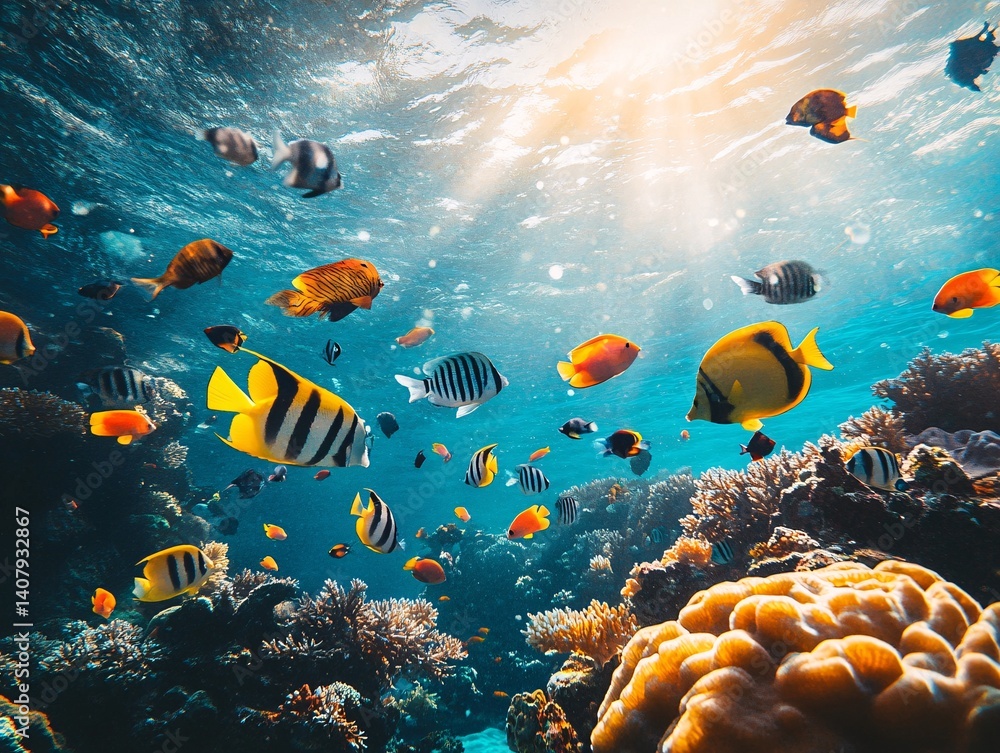 Naklejka premium Vibrant coral reef exploration underwater paradise marine life tropical ocean immersive view biodiversity wonders