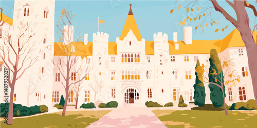 An inviting illustration of a magnificent building. Capture the timeless elegance of this architectural masterpiece with its intricate details and enchanting ambiance.