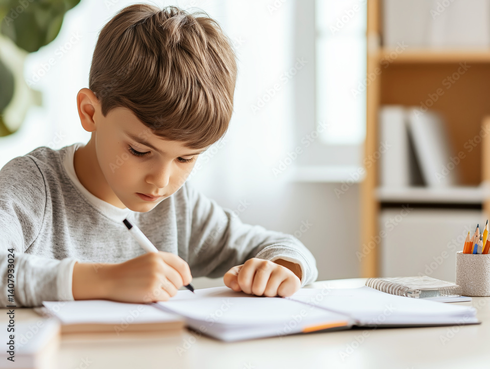 A focused young boy writing in a notebook at a desk A focused young boy writing in a notebook at a desk