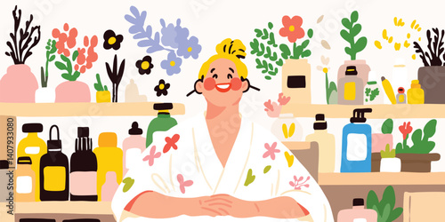 A woman is happily at the spa wearing a bathrobe, a scene filled with self-care and cosmetic products. The illustration showcases the beauty and tranquility of a spa day.