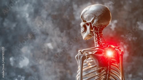 Medical visualization of shoulder pain in a human skeleton with highlighted inflammation