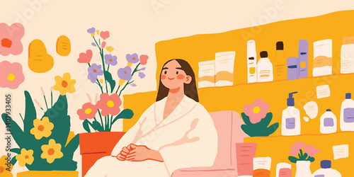 A woman in a spa surrounded by beauty products and flowers, envisioning the joy of relaxation and beauty.
