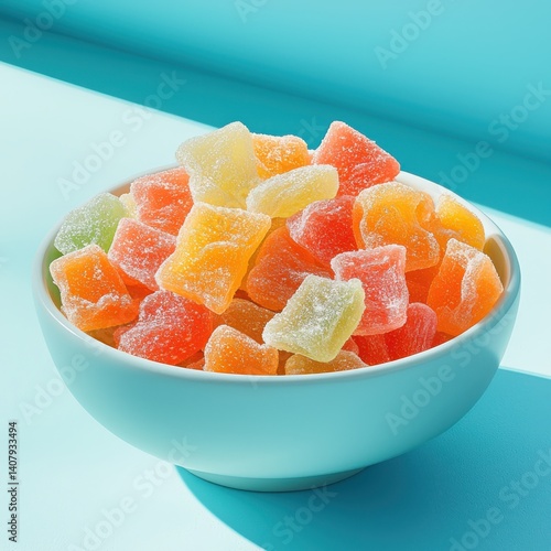 Vibrant freezedried fruit snacks bright bowl closeup photography sunny light emphasizing colors and textures photo