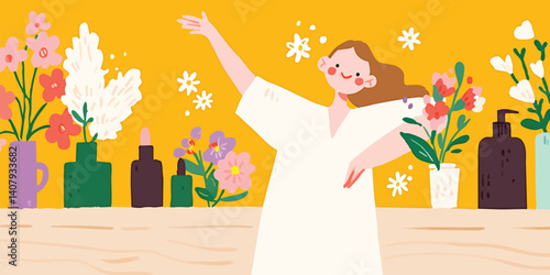 A cheerful woman with a bright expression, standing near flower arrangements and other item in a charming interior space. The scene evokes happiness and joy.
