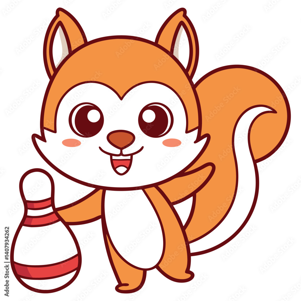 Cartoon Squirrel with Bowling Pin on White Background, Cartoon Squirrel with Bowling Pin on White Background,