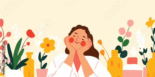 A serene person embraces tranquility in a colorful flower garden with botanical elements. The artwork embodies calm state of mind.