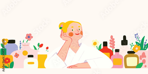 A woman surrounded by beauty products and flowers. Illustrated for skincare or wellness concept. Smiling female surrounded by cosmetics bottles and bouquets, evoking themes of beauty, skincare.