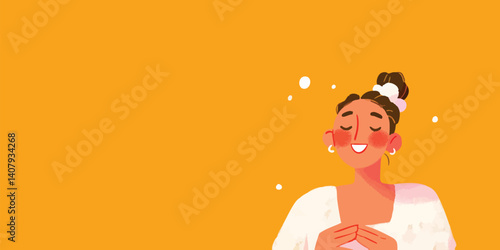 A portrait of a serene woman in a relaxed and joyful pose, bathed in the soft glow of sunlight, embodies tranquility and contentment.