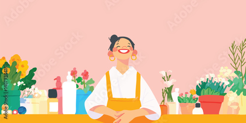 A cheerful florist smiles in a beautiful display of flowers and supplies, set against a modern backdrop, embodies creativity and passion.