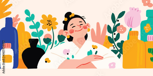 A woman surrounded by flowers and bottles of various beauty products exudes a serene and joyful spirit, embodying a sense of self-care and inner peace.