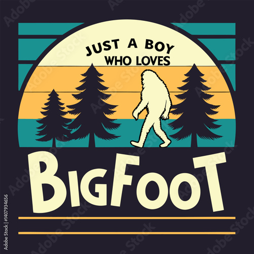 Just A Boy Who Loves Bigfoot Retro Sunset Forest T-Shirt.