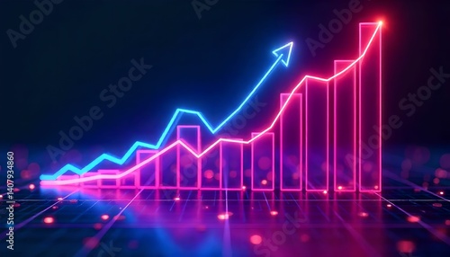 Futuristic 3D Financial Growth Chart with Neon Lights