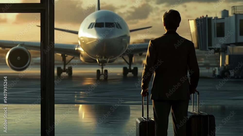 A traveler stands in an airport terminal, gazing at a plane outside as the sun sets, creating a picturesque view. Luggage is in hand, anticipating the journey ahead A traveler stands in an airport terminal, gazing at a plane outside as the sun sets, creating a picturesque view. Luggage is in hand, anticipating the journey ahead