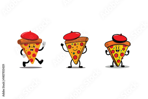 Beret-Wearing Pizza Parade: Three Cartoon Pizza Slices with Berets March with Style, Bringing a Whimsical and Playful Vibe to a Simple White Space.