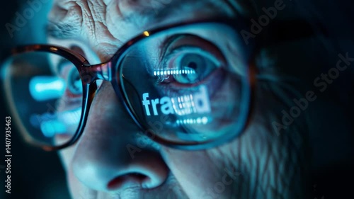 Elderly Woman Shocked by Online Fraud, Word Reflected in Glasses, Internet Scam Awareness, Cybercrime Targeting Seniors, Computer Security for Older Adults