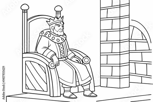 Coloring Pages, A wise King is sitting on a throne, colorless, colorless, black and white