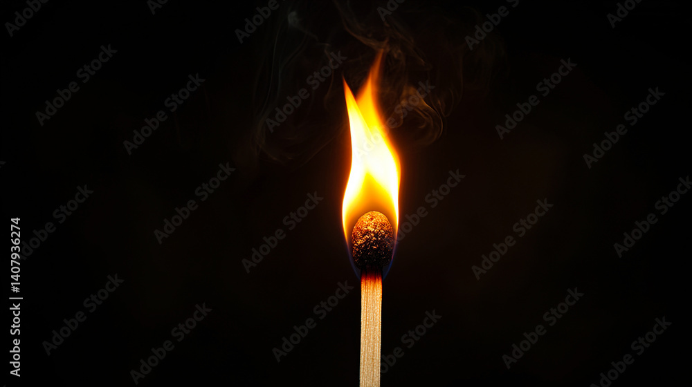 Burning Matchstick with Bright Flame on Dark Background Burning Matchstick with Bright Flame on Dark Background