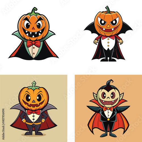 Collection Of Cartoon Pumpkin Vampire Characters Dressed For Halloween With Capes And Bowties