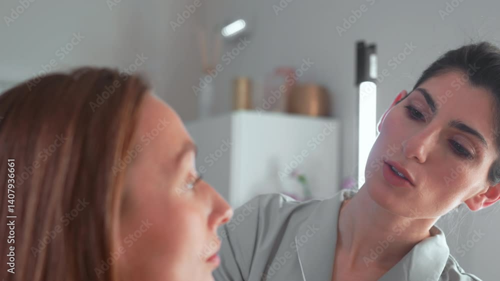 Smiling cosmetologist examining female patient's facial skin in clinic. Young woman consulting professional beautician in salon Smiling cosmetologist examining female patient's facial skin in clinic. Young woman consulting professional beautician in salon