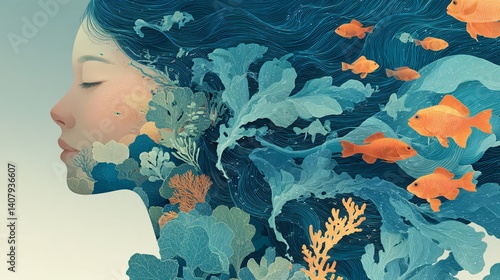 Woman with flowing hair surrounded by vibrant aquatic plants and goldfish, illustration