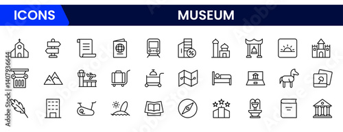 Minimalist vector line icon set showcasing museum themes—artifacts, history, culture, exhibits, and learning. Ideal for educational websites, tourism apps, and cultural institutions.