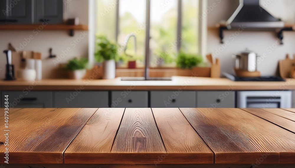 empty wooden table top with a blurred kitchen background for product display empty wooden table top with a blurred kitchen background for product display