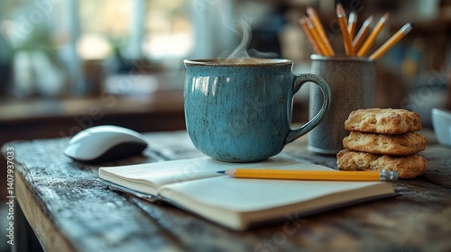 Home office coffee break steaming mug, cookies, notebook, pencils