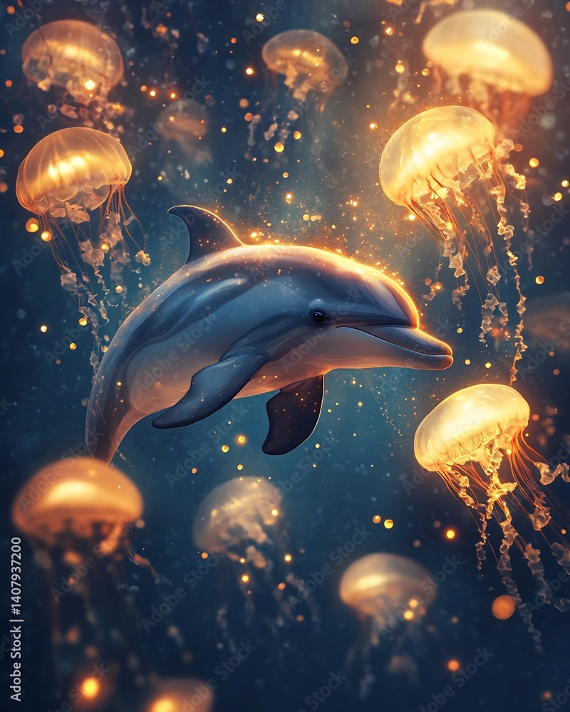 Dreamlike underwater scene where a dolphin is swimming among floating jellyfish that emit soft golden light Dreamlike underwater scene where a dolphin is swimming among floating jellyfish that emit soft golden light
