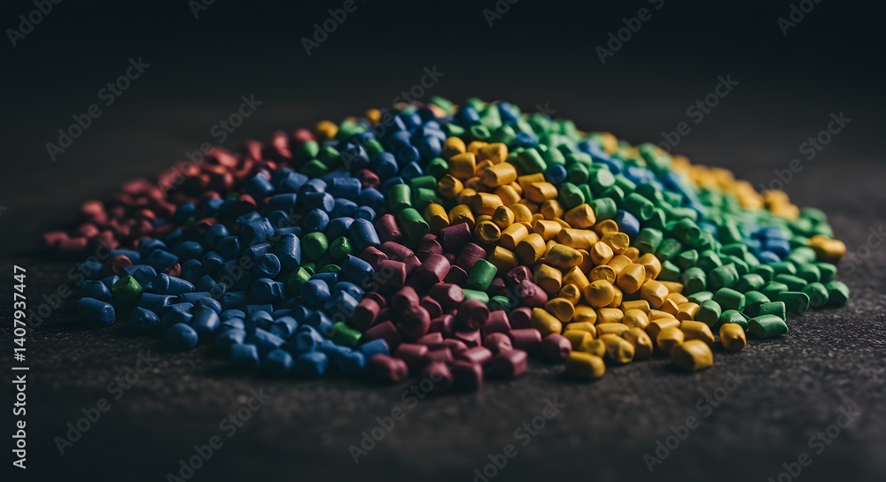 Fototapeta premium Vibrant Spectrum of Plastic Polymer Pellets: A Close-Up View of Colorful Resin Granules for Manufacturing