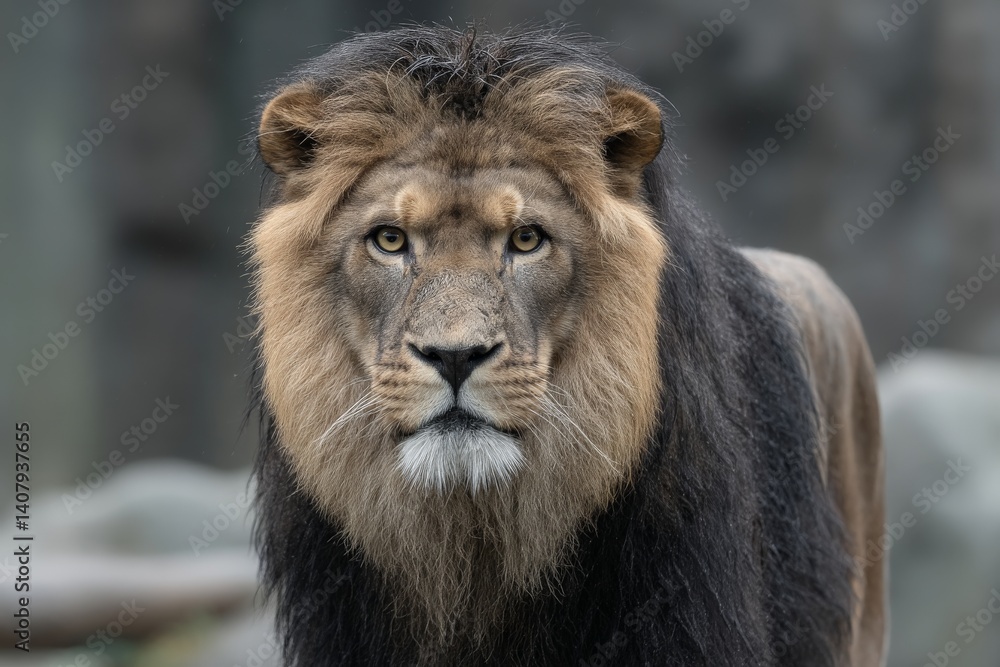 Fototapeta premium Majestic lion gazes intently during a calm afternoon at the wildlife sanctuary