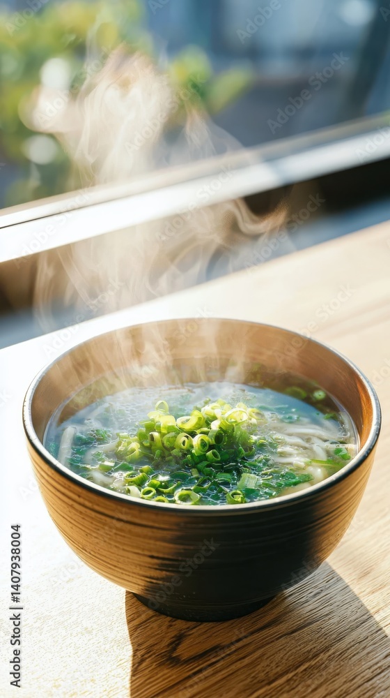 Steaming miso soup with green onions japanese cuisine food photography cozy environment top angle culinary depth Steaming miso soup with green onions japanese cuisine food photography cozy environment top angle culinary depth