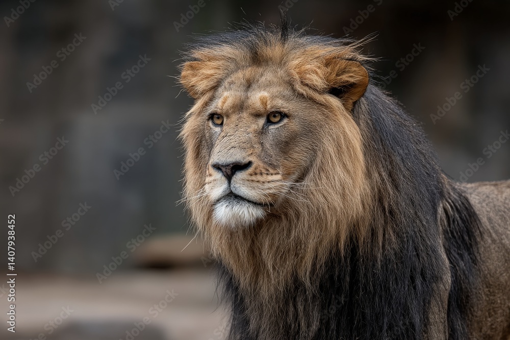 Fototapeta premium Majestic lion gazes thoughtfully in its natural habitat during the golden hour of the late afternoon