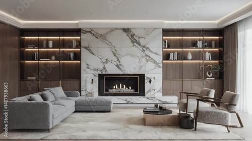 Modern living room with elegant marble fireplace and cozy furniture.