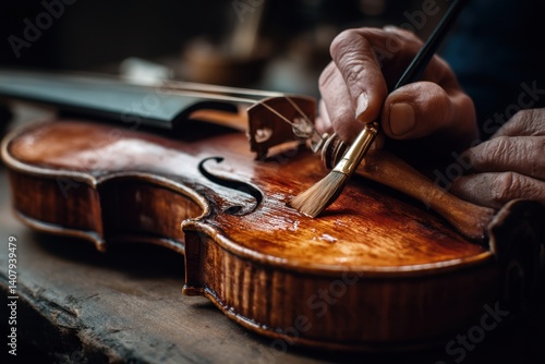 A skilled artisan meticulously applies warm, traditional violin varnish using a cotton pad, showcasing the craft's detail and heritage.