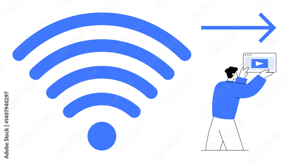 Large wireless signal, person holding video player interface, forward arrow. Ideal for technology, streaming, connectivity, digital media, innovation, wireless communication simple landing page