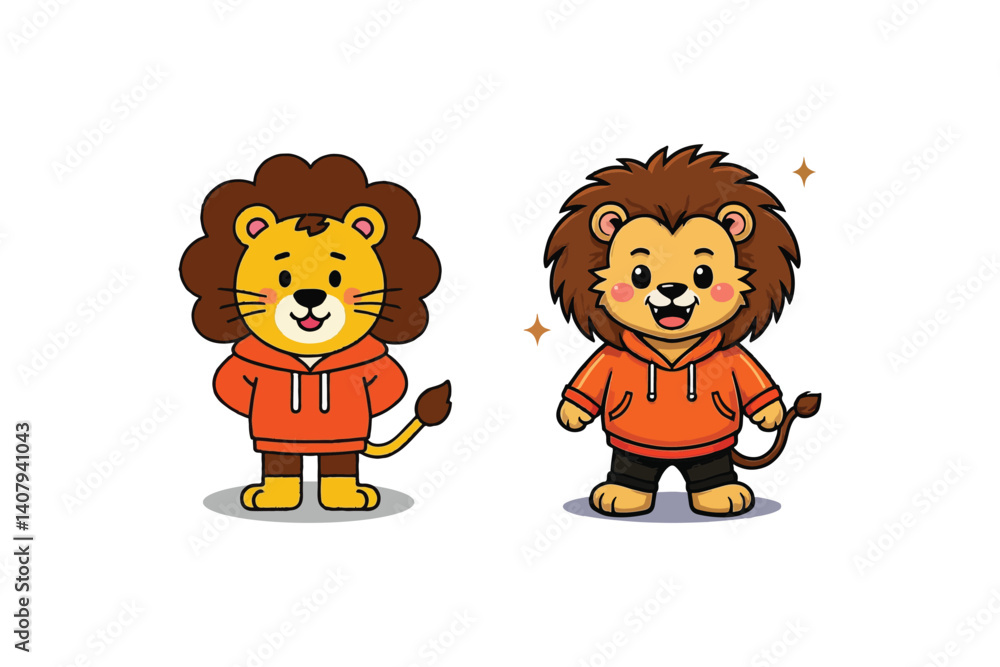 Fototapeta premium Hoodie Lion Duo: A Pair of Cartoon Lion Characters in Orange Hoodies, Ideal for Mascot Design or Youth-Oriented Creative Projects.