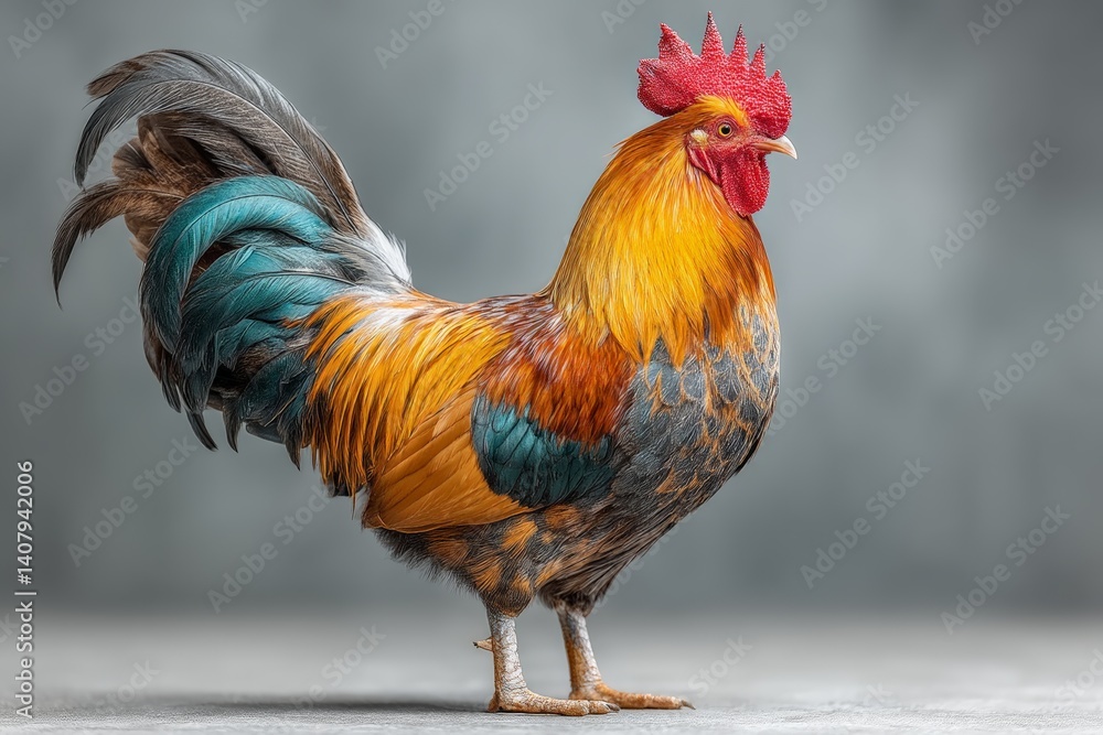 Fototapeta premium Colorful rooster standing proudly on a smooth surface in a well-lit indoor environment during the day