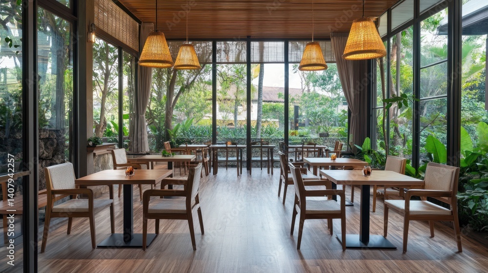 Fototapeta premium Modern café interior with natural light and greenery