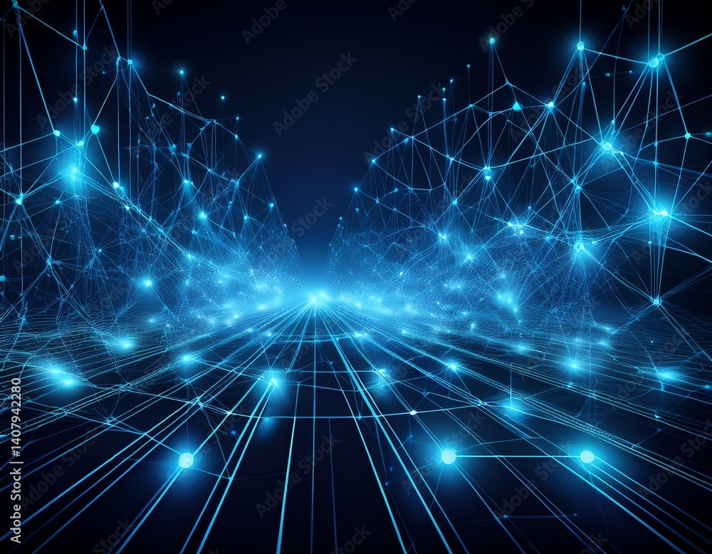 Obraz premium bright blue dots and lines create a web of connections against a dark backdrop illustrating the complexity of digital networks and data exchange