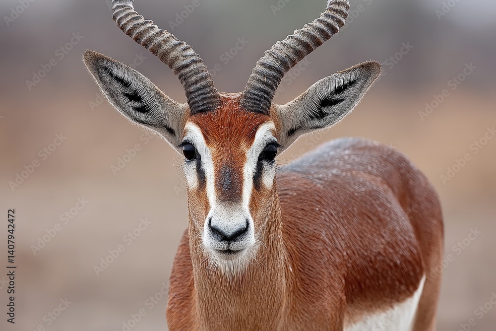 Close-up view of a male springbok gazing intently in its natural habitat during the early morning hours Close-up view of a male springbok gazing intently in its natural habitat during the early morning hours