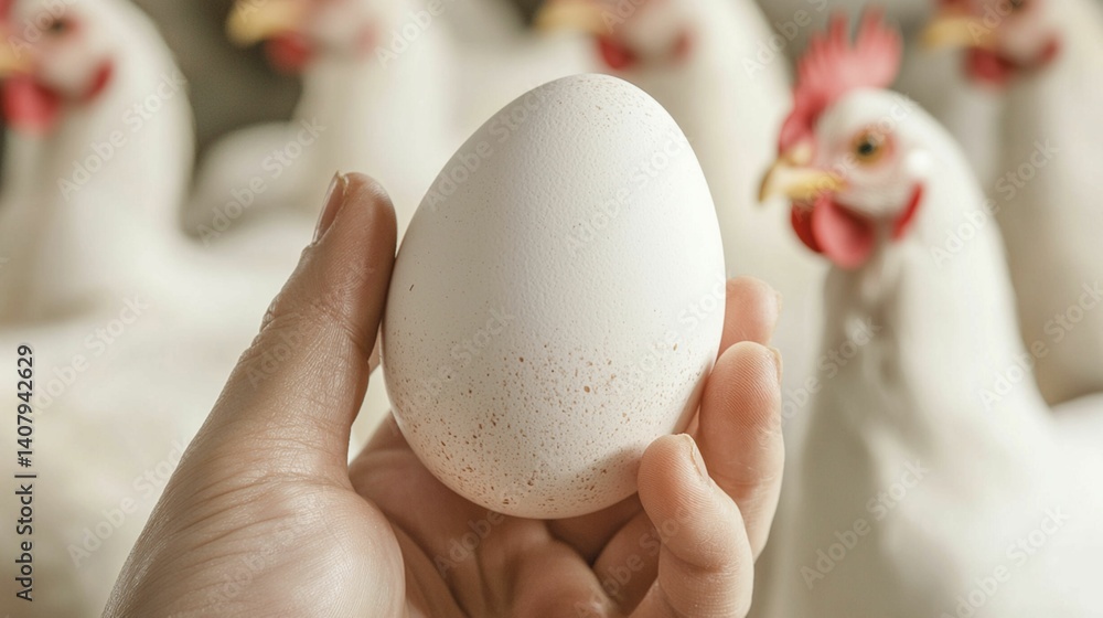 Hand Holding White Egg Among Chickens in Farm Setting