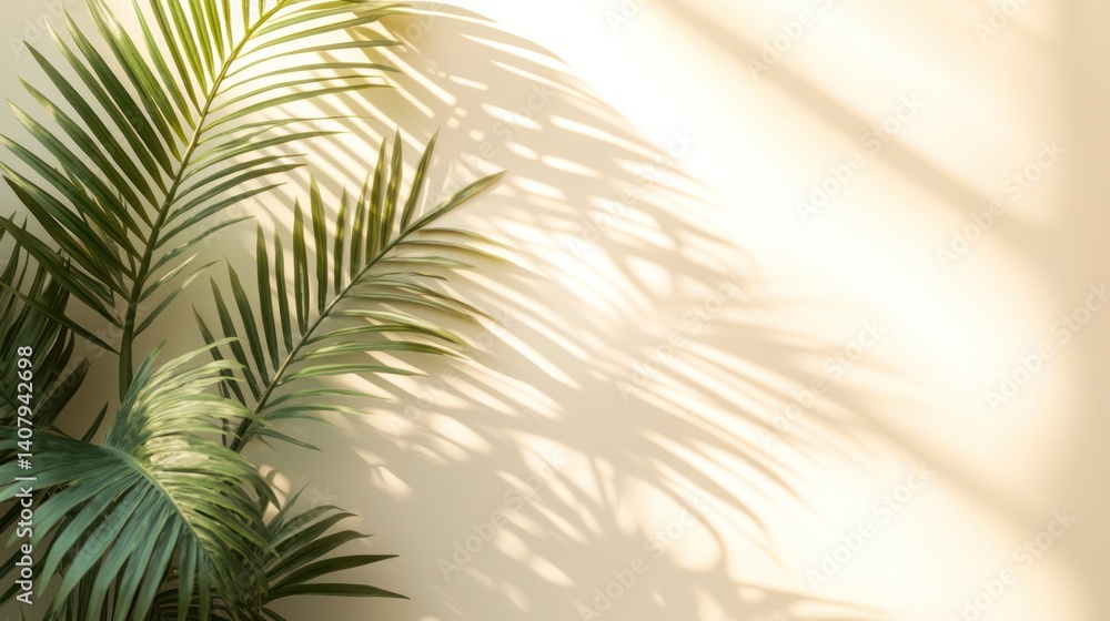 Fototapeta premium Palm leaves cast shadows on wall