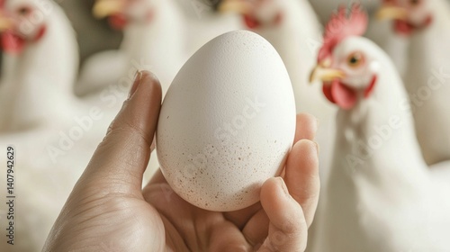 Obraz na płótnie Hand Holding White Egg Among Chickens in Farm Setting w salonie