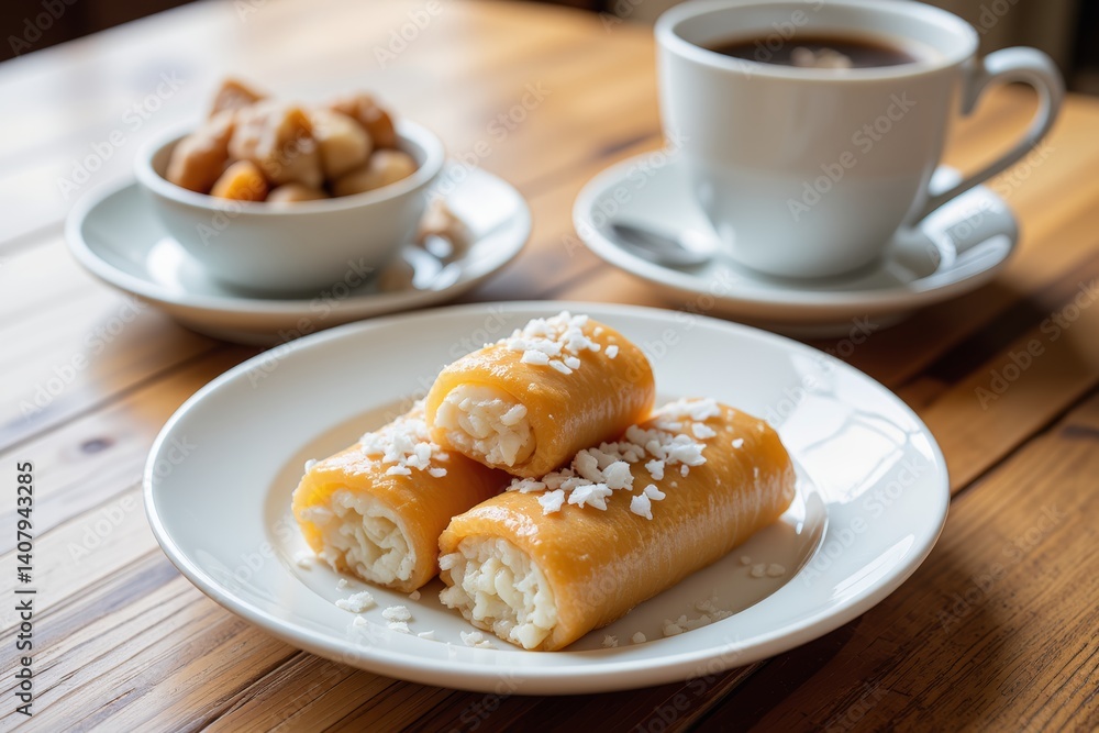 Delicious Sweet Rice Rolls with Coconut Flakes Served on Plate Delicious Sweet Rice Rolls with Coconut Flakes Served on Plate