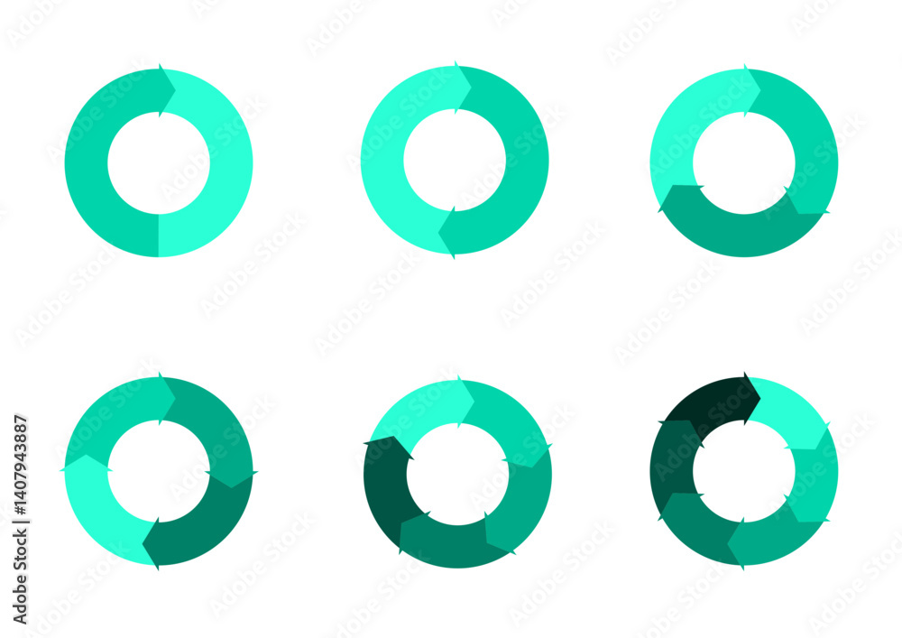 © Youssef - Set of pie chart diagrams. Circles arrow cut separated on1,2,3, 4,5, 6, with empty middle,simple flat design vector illustration.